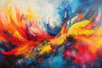 Abstract painting with vibrant colors and dynamic brushstrokes, depicting a swirling, fiery energy.