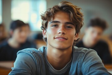 Obraz premium happy latino male college student studying in classroom with natural light
