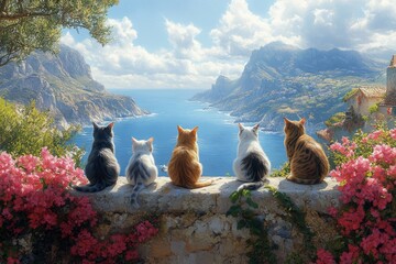 cats overlooking ocean landscape with flowers and mountains