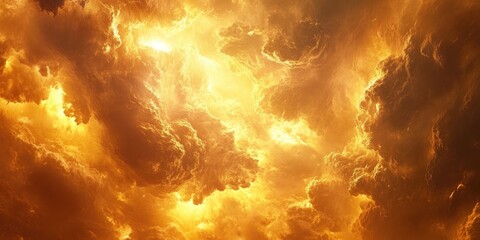 A dramatic scene with thick, billowing clouds glowing in shades of gold and orange as the sun sets, with a few rays breaking through the gaps. 