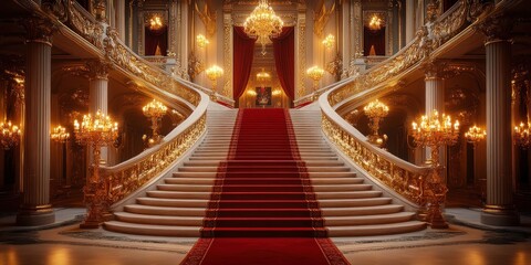 Luxurious Grand Staircase in Baroque Style with Red Drapery and Chandelier Lights