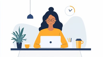 Woman working on laptop at desk.