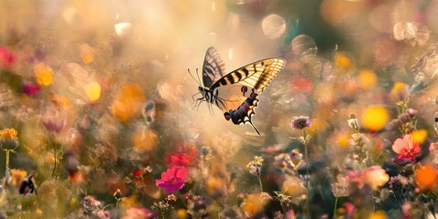 A dynamic capture of a butterfly with its wings open mid-flight, surrounded by a field of colorful flowers, as sunlight filters through the petals. 