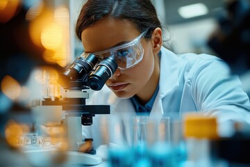 Black female scientist working in laboratory using microscope for research and analysis in health care and pharmacology