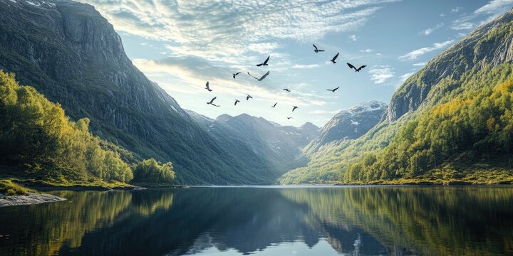 A dynamic image of birds flying over a lake situated in a deep valley, with steep, forested mountains rising on either side. 
