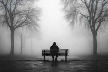 lonely man foggy park bench monochrome solitude shadows evening