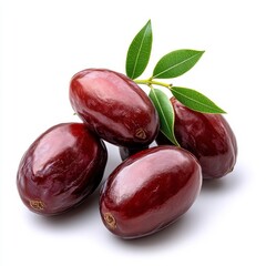 Obraz premium Fresh and Juicy Organic Dates with Green Leaves on White Background