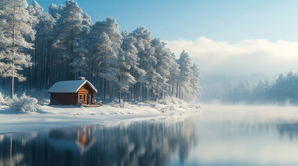 A tranquil wooden cabin rests on a snowy cliff, surrounded by pristine frozen wilderness. The scene evokes solitude, peace, and the harmony of human habitation with untouched nature