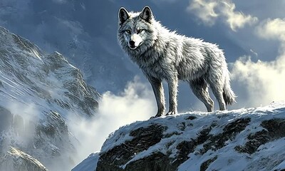 A majestic white wolf stands on a rocky outcrop amidst a snowy mountain landscape. - Powered by Adobe