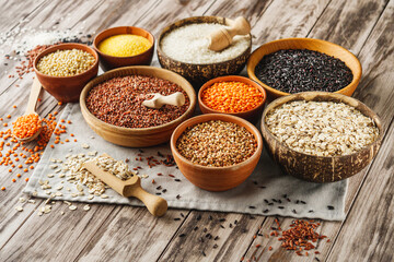 Mixed Grains and Cereals Lentils Rice Buckwheat Oatmeal Organic Healthy Vegan Protein Diet Nutrition