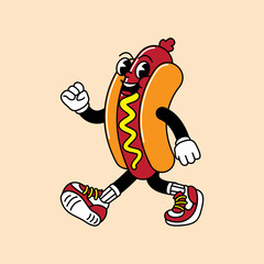 Hotdog retro mascot with hand and foot. Hotdog, sausage, and Fast Food Retro vintage mascot cartoon stickers with funny comic characters and gloved hands.