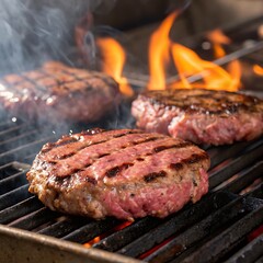 Grilled meat steak on stainless grill depot with flames on dark background. Food and cuisine concept. generative ai