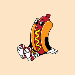 Hotdog retro mascot with hand and foot. Hotdog, sausage, and Fast Food Retro vintage mascot cartoon stickers with funny comic characters and gloved hands.