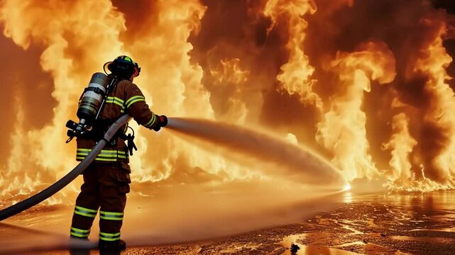 A firefighter stands heroically amidst a fierce fire, directing water from a hose to combat the massive flames engulfing the area. Smoke billows intensely into the sky, creating a chaotic atmosphere.