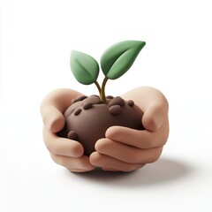 Hands cradling a small green seedling with soil, isolated on white background, representing growth and nurturing, perfect for environmental visuals