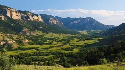 Naklejka premium A Mountain Valley with Lush Green Fields and Forested Slopes