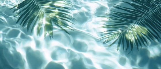 Tropical Palm Leaf Shadows on Shimmering Blue Water Surface at Summer Beach