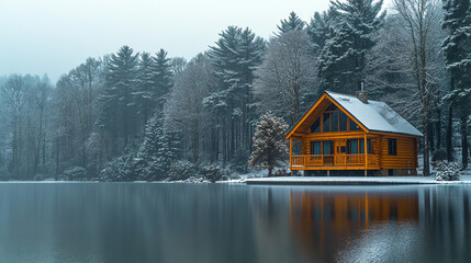 Fototapeta premium tranquil wooden cabin rests on a snowy cliff, surrounded by pristine frozen wilderness. The scene evokes solitude, peace, and the harmony of human habitation with untouched nature