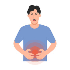 Vector illustration of a man touching his stomach digestive system problem. Indigestion due to overworked intestines. Stomach acid. Flat design.