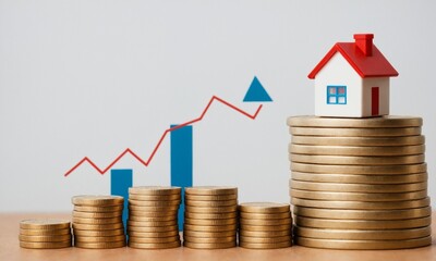 집 모양의 아이콘과 동전 더미, 그리고 상승하는 그래프