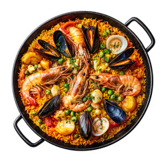Seafood Paella Served in a Traditional Pan With Shrimp, Mussels, and Vegetables at a Seaside Restaurant in Spain During a Sunny Afternoon