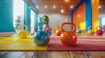 Colorful kettlebells in bright gym for fitness class advertisements and workout visuals
