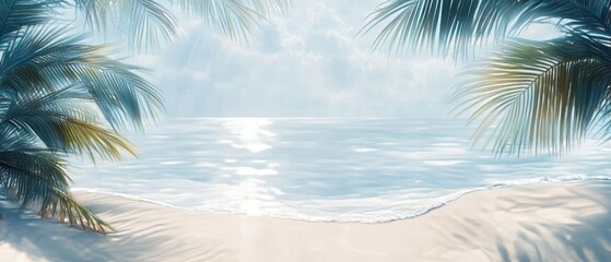 Tropical Palm Leaf Shadows on Water with Sunlight and White Sand Beach Background for Summer Vacation