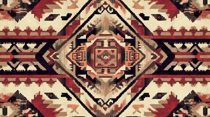 A repeating Aztec tribal pattern with earthy tones of red, brown, and beige, featuring geometric shapes and symbols.