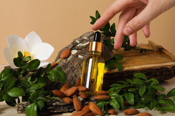 Almonds oil, concept of different cosmetic and skin care accessories