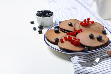 Chocolate pancakes, tasty breakfast, concept of delicious food, space for text