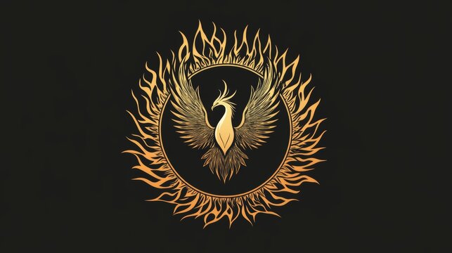 Golden phoenix emblem with fire a symbol of rebirth and immortality isolated on black background