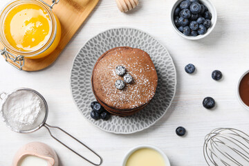 Chocolate pancakes, tasty breakfast, concept of delicious food