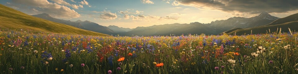 Obraz premium Vibrant wildflowers bloom in a mountain meadow sunset