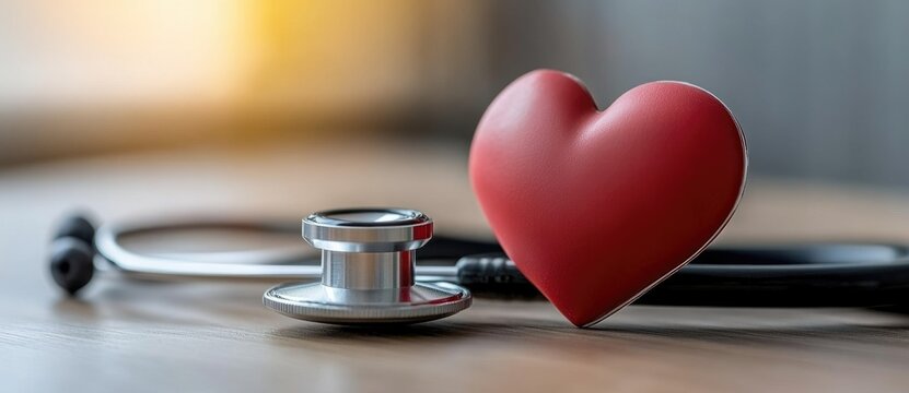 Health awareness, heart stethoscope featured on a World Health Day banner, importance of cardiovascular health, with ample copy space for promoting wellness initiatives, preventive care.