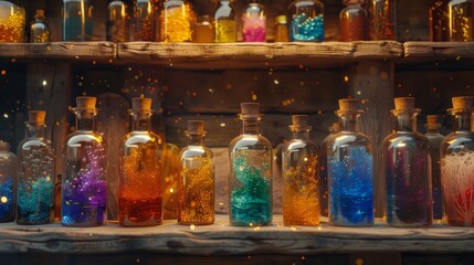 A collection of colorful glass bottles on a wooden shelf in a rustic vintage apothecary shop, illuminated by sunlight streaming through the windows.