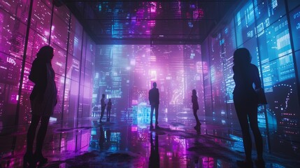 A high-tech command center with digital screens displaying data, silhouetted people working and analyzing information, futuristic and technology with cyber network, business and development.