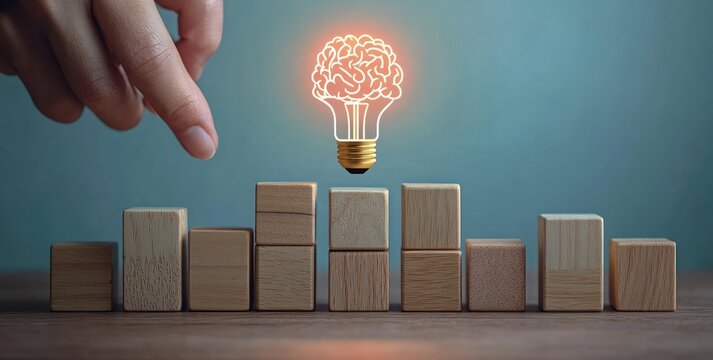 Creative Idea Generation and Innovation Brainstorming with Light Bulb Icon on Wooden Blocks