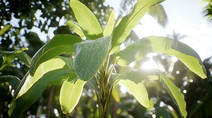 Obraz premium Sunlit Banana Plant Leaves Glistening With Dew Drops