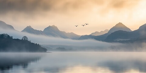 Obraz premium Birds flying low across a fog-covered lake, with rugged mountain peaks emerging in the distance and soft light breaking through the clouds. 