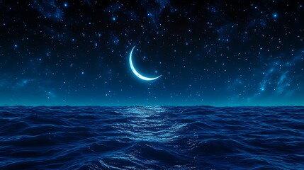 Fototapeta premium A Stunning Crescent Moon Rising Over the Calm Ocean Waters at Dusk
