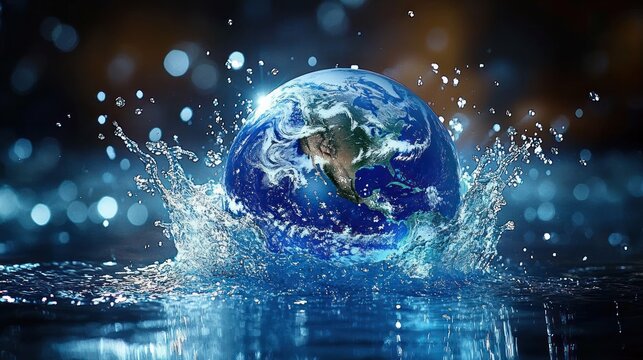 Earth Emerging from Water with Droplets Shaping Continents to Highlight Global Water Resource Awareness