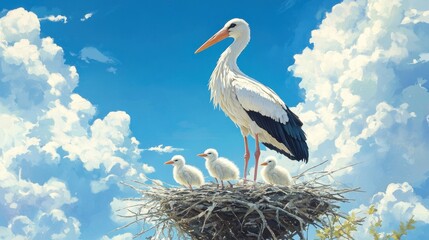 Fototapeta premium White stork family on nest against a vibrant blue sky with fluffy clouds.