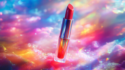 Sparkling Pink Lipstick on Glittering Background with Soft Bokeh Lights. Dynamic Red Lipstick Explosion with Glittering Particles on Gradient Background. Perfect natural lip makeup. Close up. 