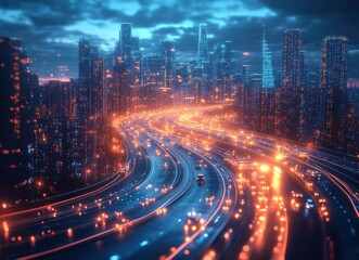 Obraz premium Futuristic cityscape at night, glowing highway with speeding cars, vibrant city skyline, digital art.