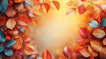This autumn background features a gradient of orange and yellow colors, with white space in the center of the frame for text or product display. Beautiful autumn leaves and stars adorn the background