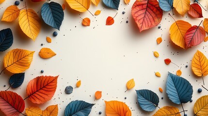 This autumn sale banner features aesthetically minimalist flat design elements and colorful leaves arranged in a circular shape against a white background with pastel colors