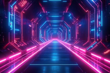 Neon Futuristic Corridor with Glowing Circuit Patterns in Cyberpunk Style Dramatic Blue Pink Lighting