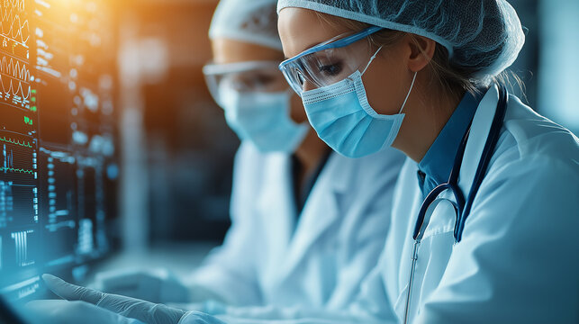 team of medical professionals analyzing data on digital screen, showcasing teamwork and dedication in healthcare environment