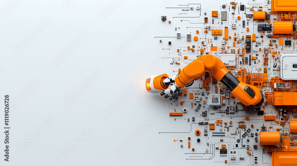 Poster high resolution image of robotic arms interacting with circuit board elements, showcasing advanced technology and automation in modern setting