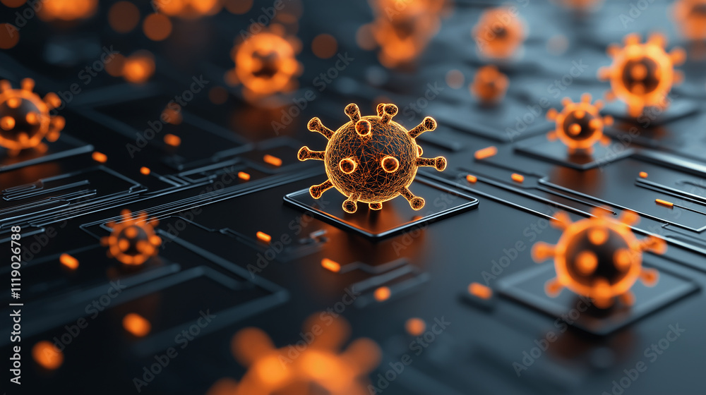 Aufkleber digital representation of virus on circuit board, showcasing futuristic design with glowing orange e